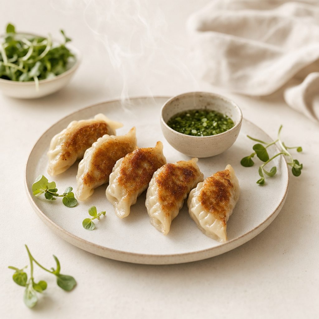 Goldbraun gebratene Gyoza mit Dip