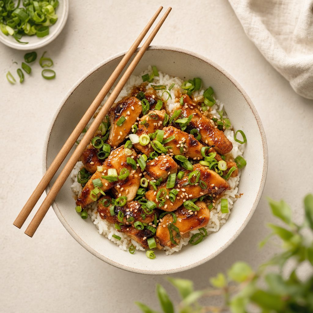 Japanese Chicken Bowl mit knusprigem Fried Chicken, Ei und Frühlingslauch