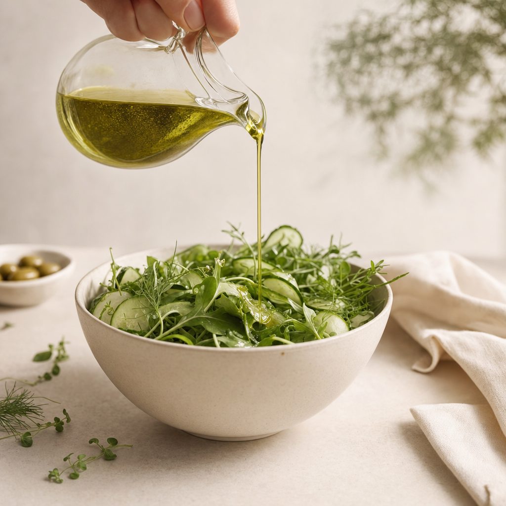 Dressing wird frisch über eine grüne Bowl gegossen